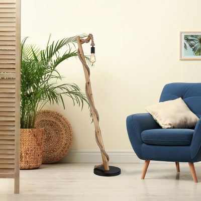 Wooden rustic floor lamp rope, Udo, with switch