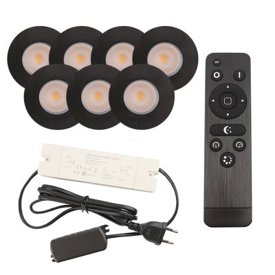 7 black porch spotlights Dico, IP65, with connection set and remote control