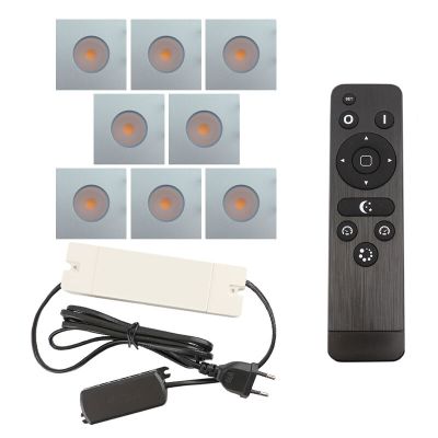 8 square chrome porch spotlights Dico, IP65, with connection set and remote control