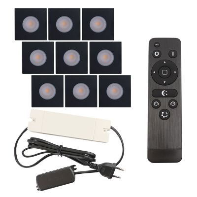9 square black porch spotlights Dico, IP65, with connection set and remote control