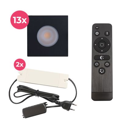 13 square black porch spotlights Dico, IP65, with connection set and remote control