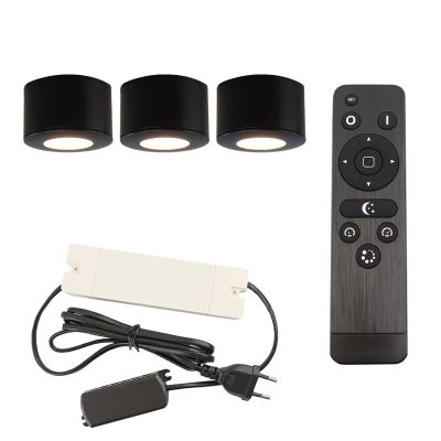 3 round black surface mounted spotlights Vasso, IP44, with connection set and remote control