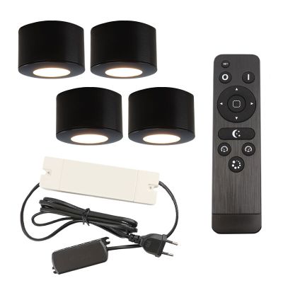 4 round black surface mounted spotlights Vasso, IP44, with connection set and remote control