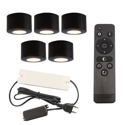 5 round black surface mounted spotlights Vasso, IP44, with connection set and remote control