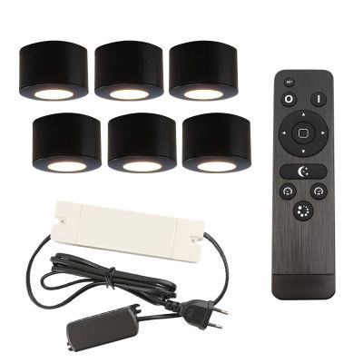 6 round black surface mounted spotlights Vasso, IP44, with connection set and remote control