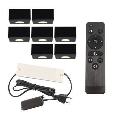 7 square black surface mounted spotlights Fredo, IP44, with connection set and remote control