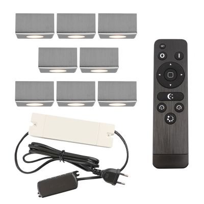 8 square chrome surface mounted spotlights Fredo, IP44, with connection set and remote control