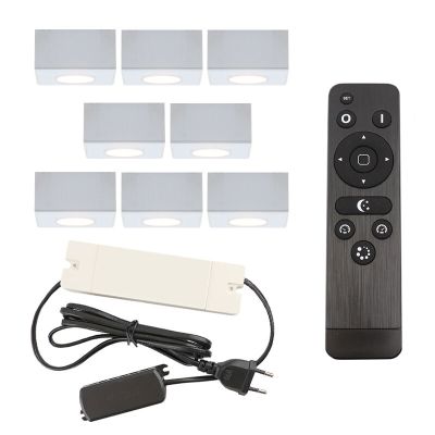 8 square white surface mounted spotlights Fredo, IP44, with connection set and remote control