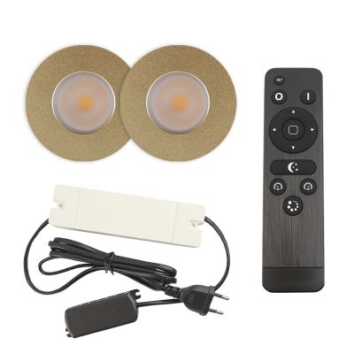 2 brass porch spotlights Dico, IP65, with connection set and remote control