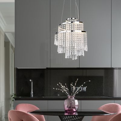 Chrome chandelier design, Sjon, 30W, warm to cold white adjustable LED, 3-step dimmable