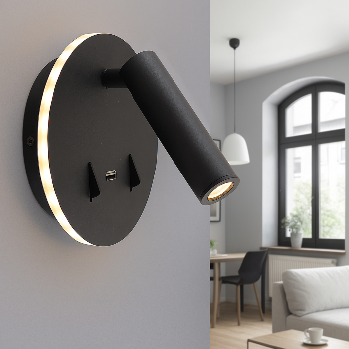 Modern wall light black, Alec, 9W, 3000K LED, with switch