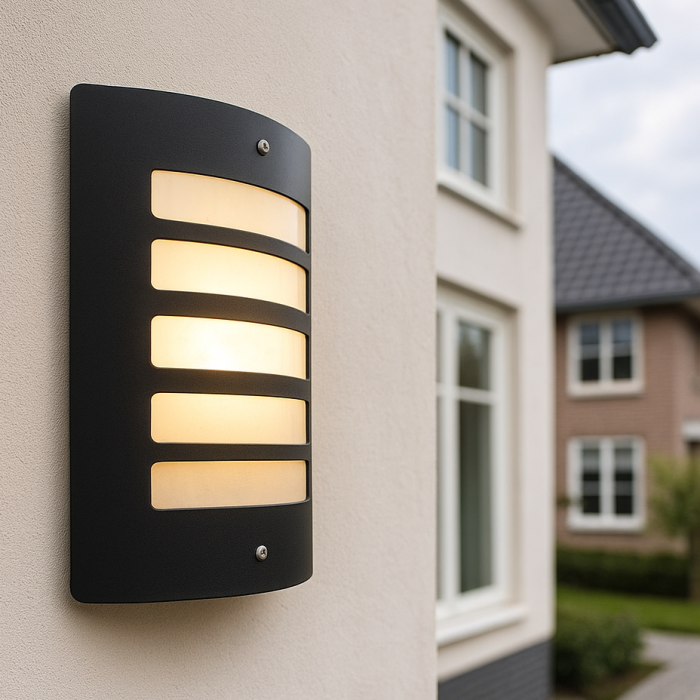Modern outdoor wall light with dusk to dawn sensor black, Manuel, IP44
