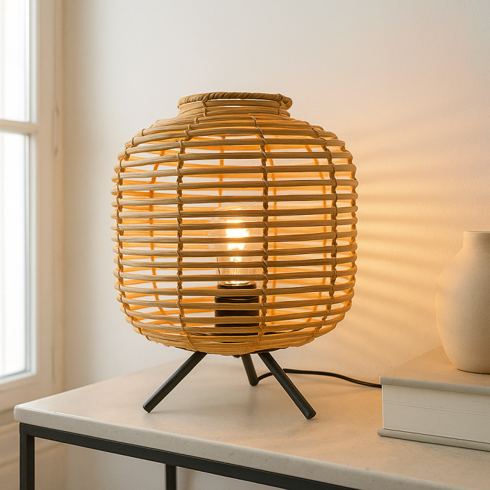 Rattan table lamp brown, Pinar, with switch