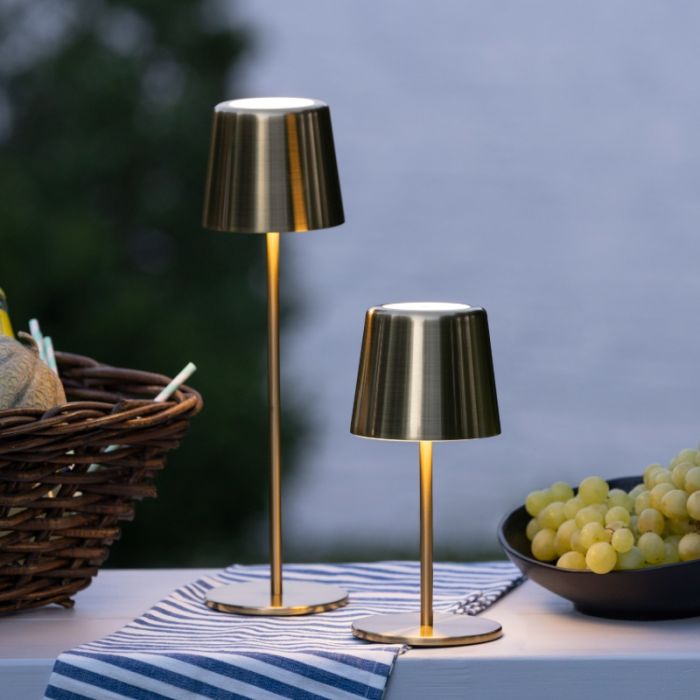 Modern rechargeable outdoor table lamp brass, Skander, 4W, warm to cold white adjustable LED, IP44, with touch dimmer