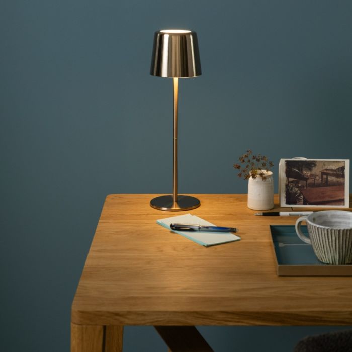 Modern rechargeable outdoor table lamp brass, Skander, 4W, warm to cold white adjustable LED, IP44, with touch dimmer