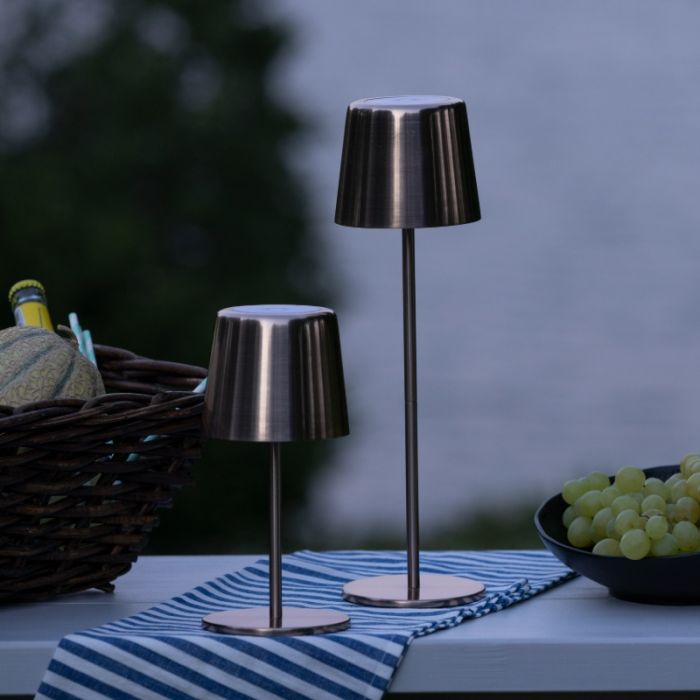 Modern rechargeable outdoor table lamp copper, Skander, 4W, warm to cold white adjustable LED, IP44, with touch dimmer