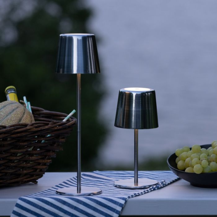 Modern rechargeable outdoor table lamp nickel, Skander, 4W, warm to cold white adjustable LED, IP44, with touch dimmer