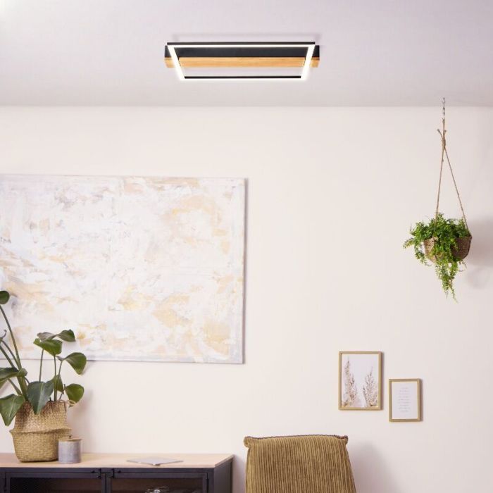 Wood flush ceiling light black, Fannie, 24W, 3000K LED