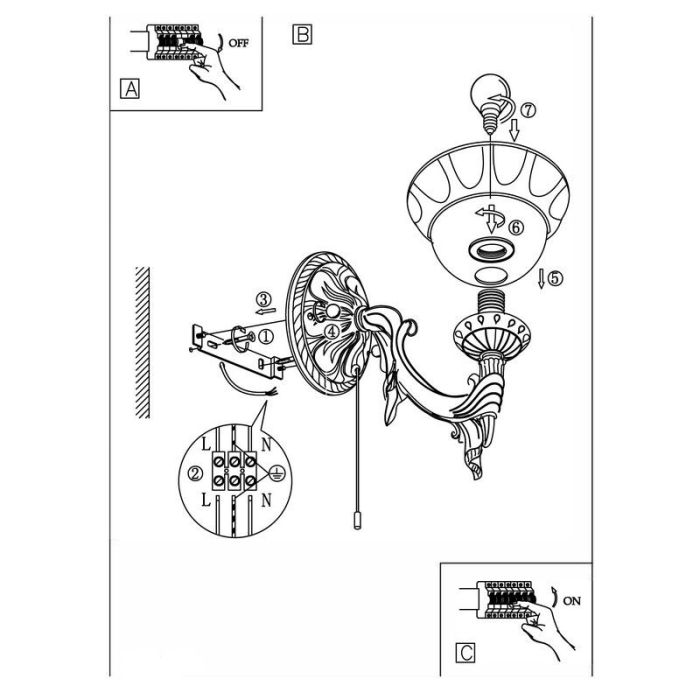 Bronze design wall light glass, Eugine, with pull switch