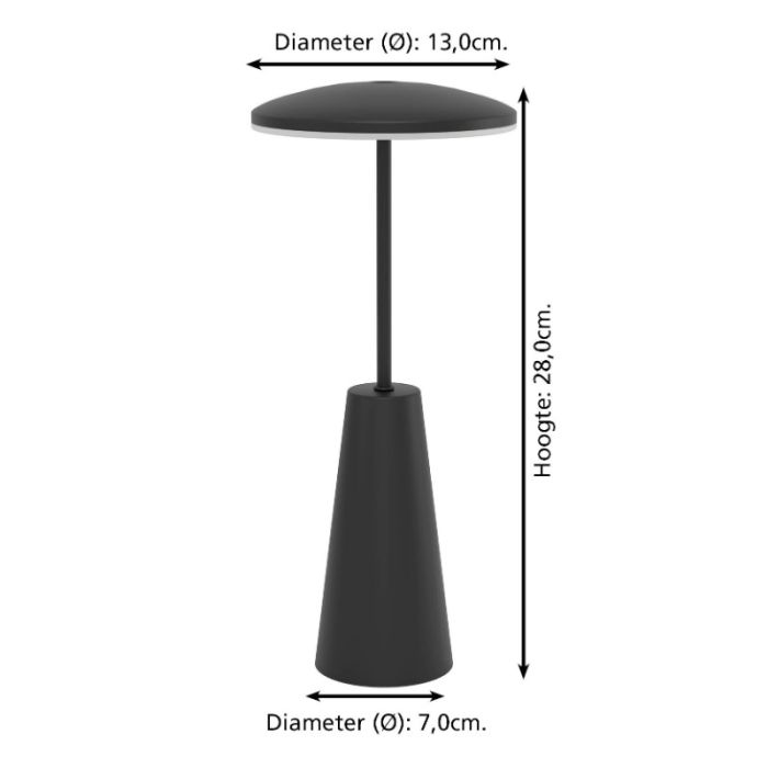 Black modern table lamp steel, Ishika, 2,8W, white switch LED, IP54, with touch dimmer