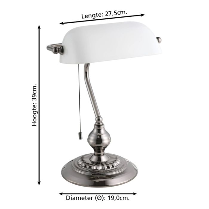 Nickel classic banker's lamp steel, Lugco, with pull switch