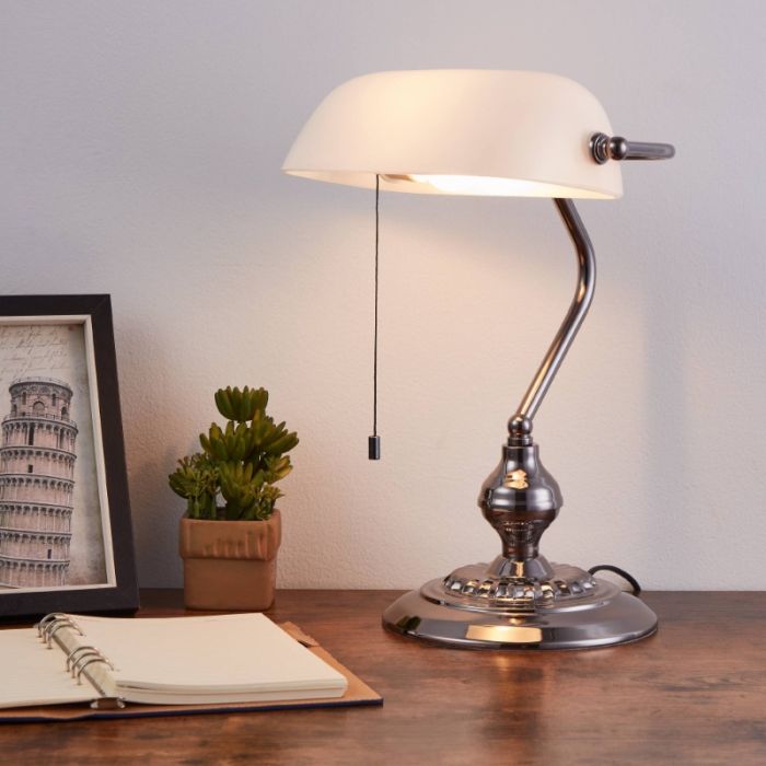 Nickel classic banker's lamp steel, Lugco, with pull switch