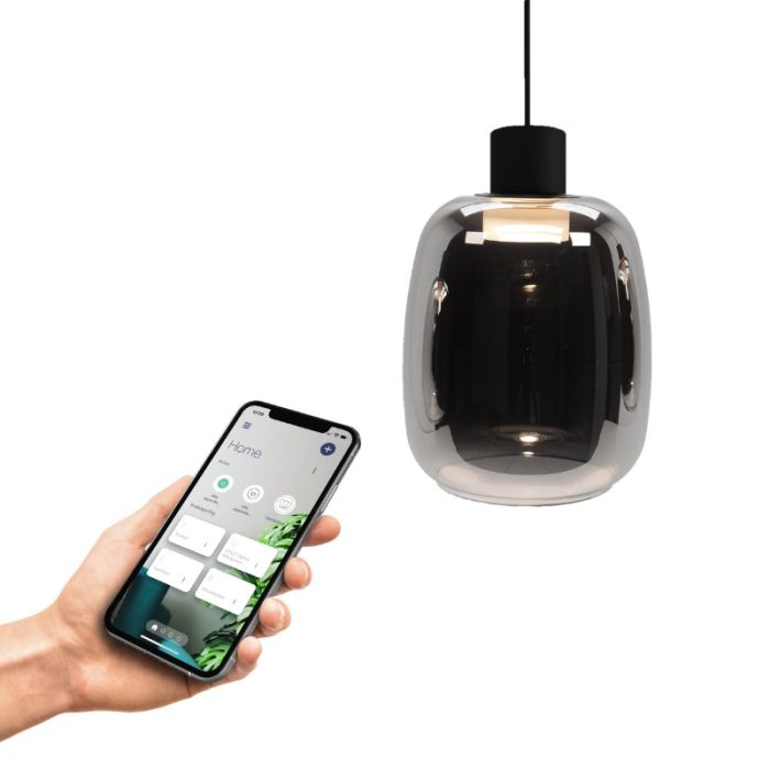 Black smart pendant light smoke glass, Tamika, 3,7W, RGBW LED