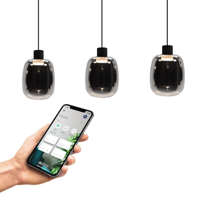 Black smart pendant light smoke glass, Tamika, 3,7W, RGBW LED