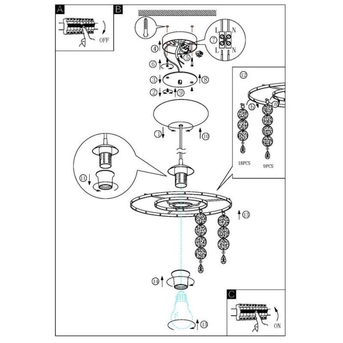Chrome design pendant light crystal, Ayden