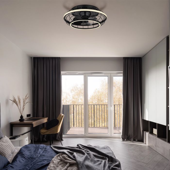 Black industrial ceiling fan metal, Jorne, 30W, warm to cold white adjustable LED, with remote control