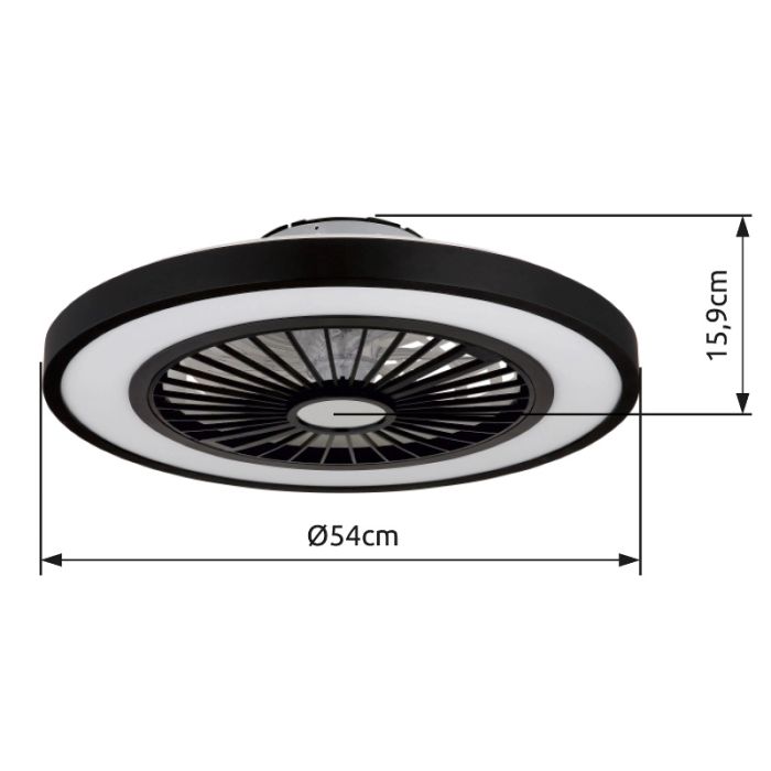 Black modern ceiling fan plastic, Komal, 45W, warm to cold white adjustable LED, with remote control