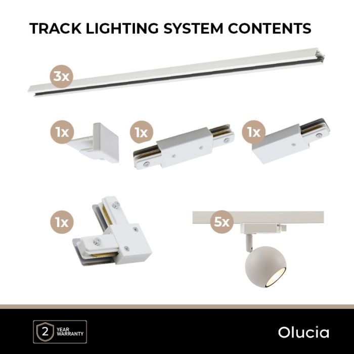 3M white 1 phase track lighting system with a corner + 5 Alco track spots