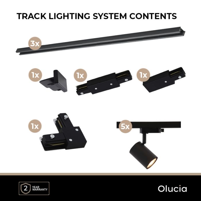 3M black 1 phase track lighting system with a corner + 5 Elena track spots