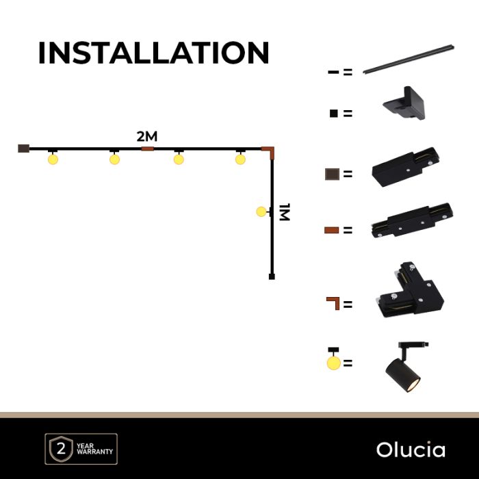 3M black 1 phase track lighting system with a corner + 5 Elena track spots