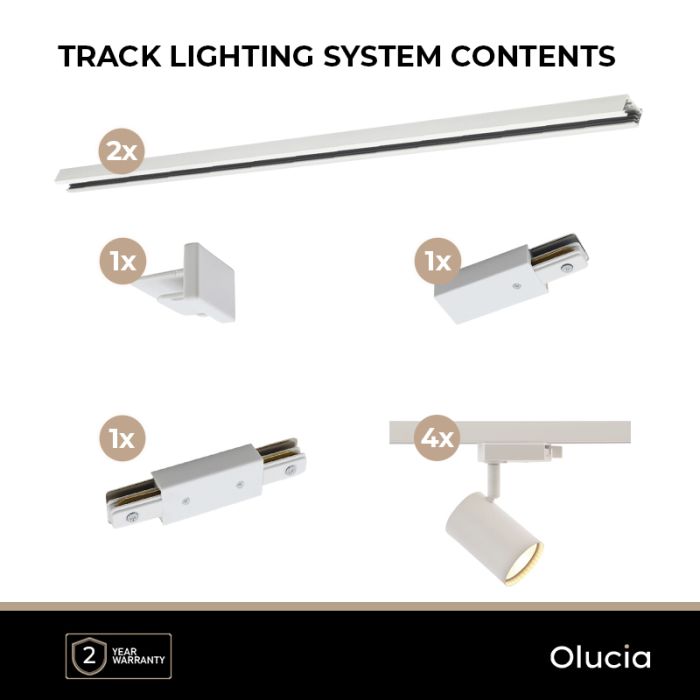 2M white 1 phase track lighting system + 4 Elena track spots