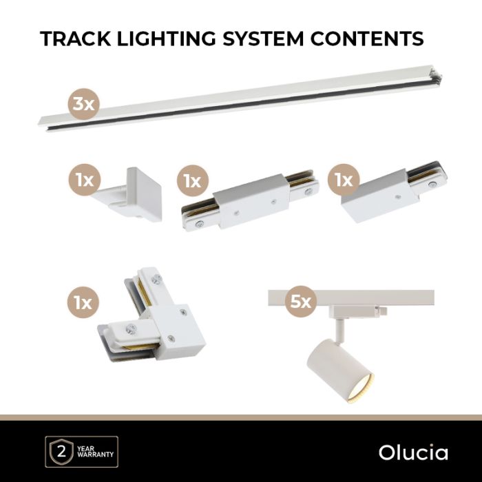 3M white 1 phase track lighting system with a corner + 5 Elena track spots