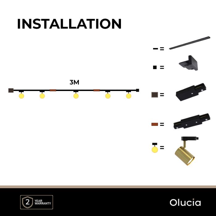 3M brass 1 phase track lighting system + 5 Elena track spots