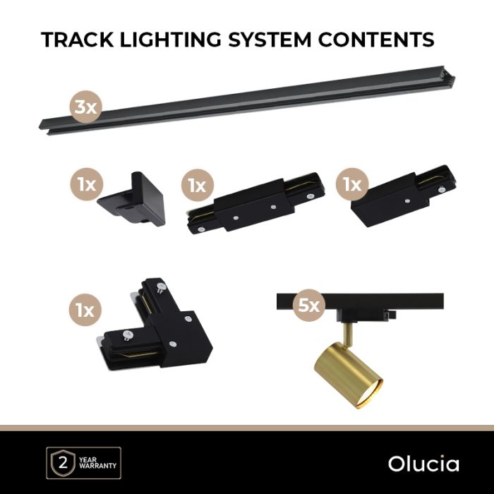 3M brass 1 phase track lighting system with a corner + 5 Elena track spots