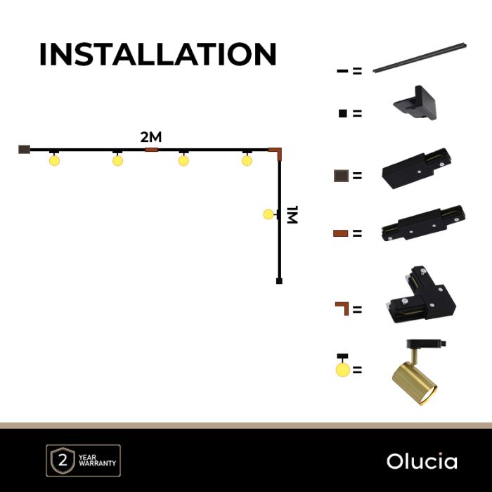 3M brass 1 phase track lighting system with a corner + 5 Elena track spots