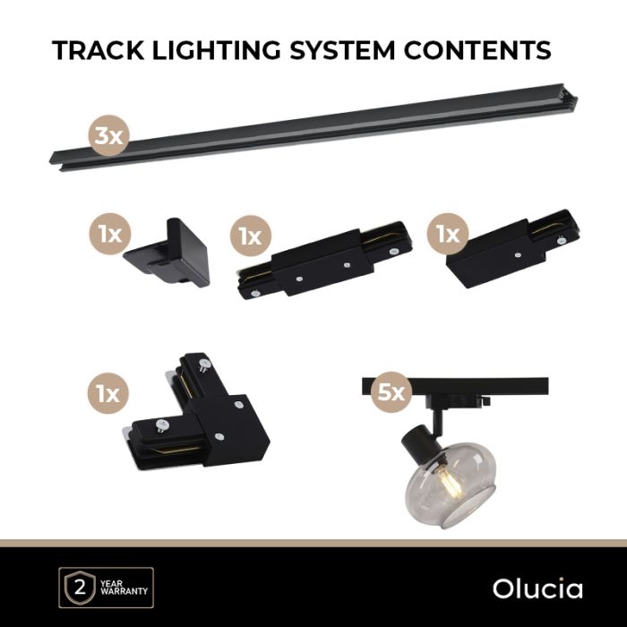 3M black 1 phase track lighting system with a corner + 5 Skip track spots