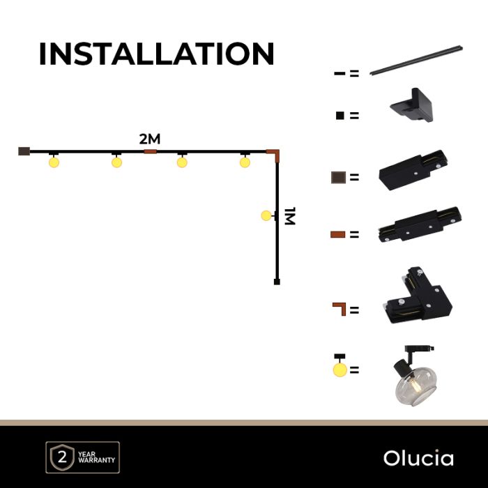 3M black 1 phase track lighting system with a corner + 5 Skip track spots