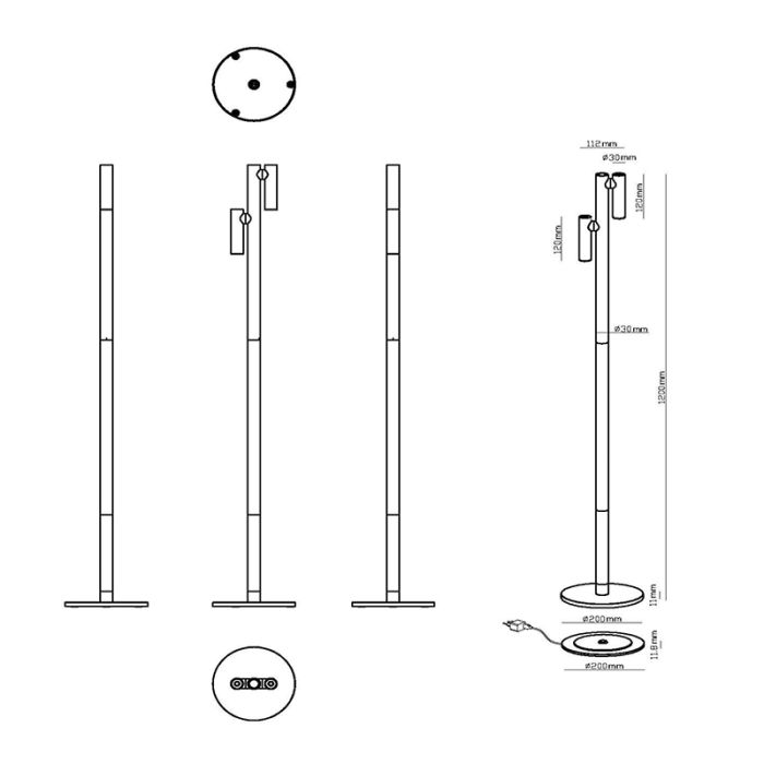 Black rechargeable floor lamp modern, Antrim, 2,2W, 2700K LED, IP54, with touch dimmer