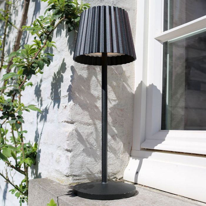 Black outdoor table lamp rustic, Justine, 2W, 2700K LED, IP54, with touch dimmer