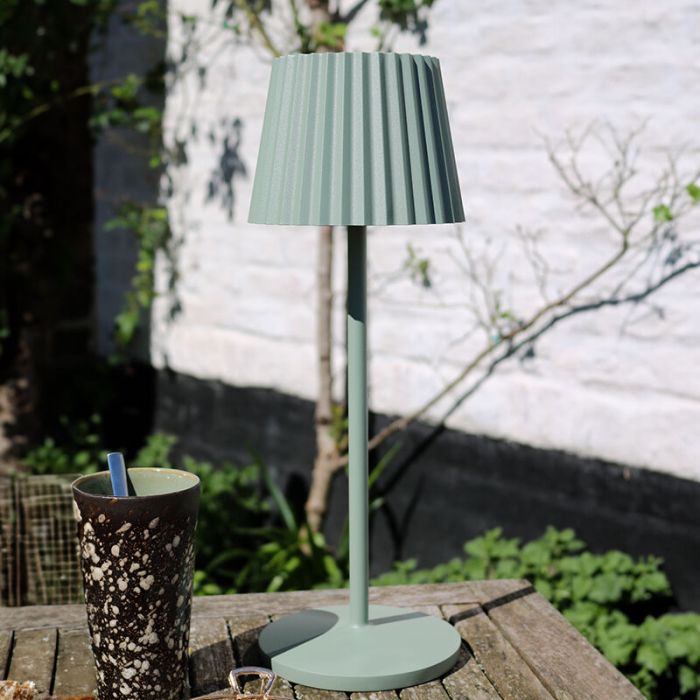 Green outdoor table lamp rustic, Justine, 2W, 2700K LED, IP54, with touch dimmer
