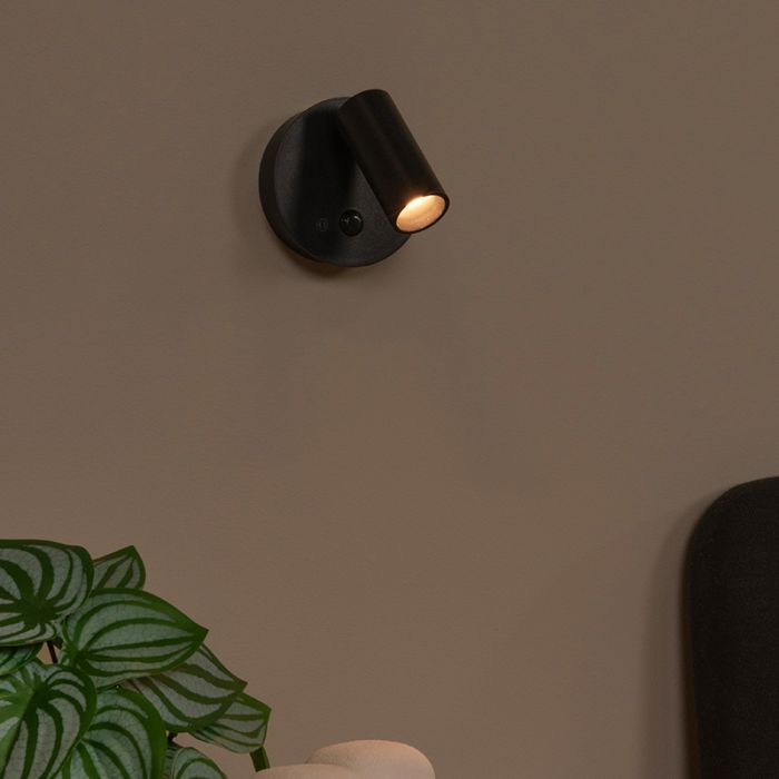 Black rechargeable wall light modern, Toni, 2W, 2700-4000K, with touch dimmer