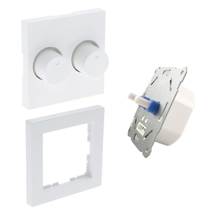 Duo dimmer, switch, with white cover frame and central plate