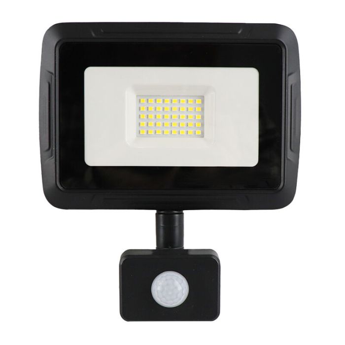 Black floodlight with sensor aluminium, Miro, 30W, 6000K LED, IP65