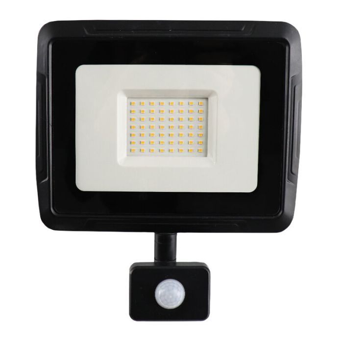 Black floodlight with sensor aluminium, Miro, 50W, 3000K LED, IP65