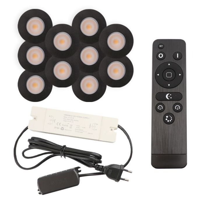 10 black porch spotlights Dico, IP65, with connection set and remote control