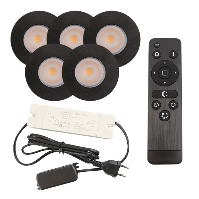 5 black porch spotlights Dico, IP65, with connection set and remote control